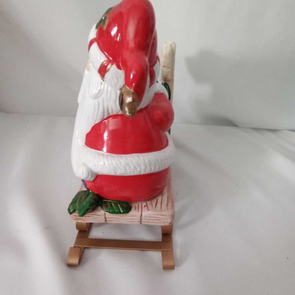 Vintage Style Ceramic Santa Claus on Gold Metal Sled Figurine Ho Ho Ho Sign 8in - Picture 2 of 7